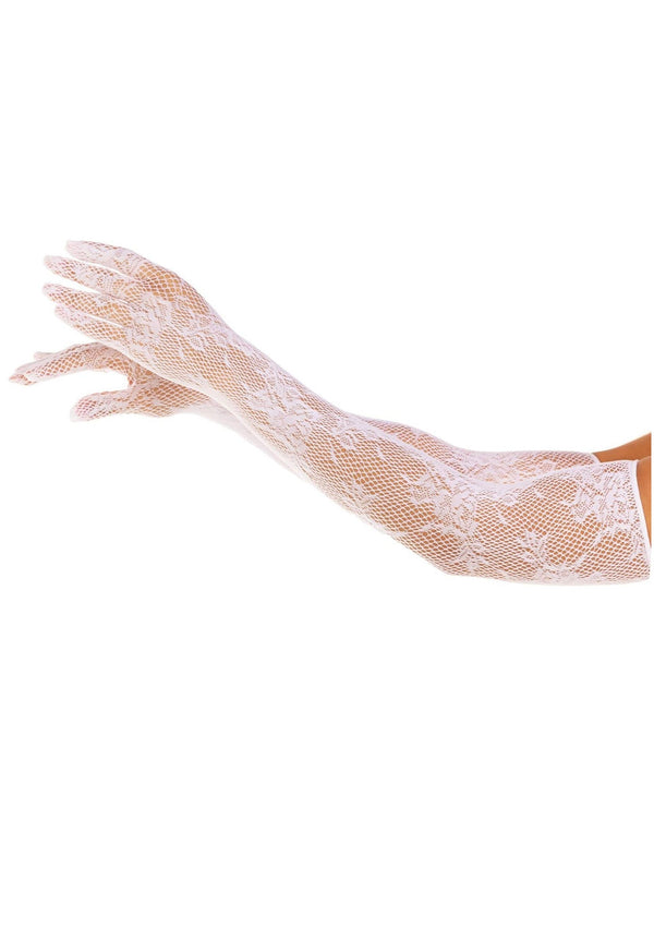 Weißes verführerisches Spitzenhandschuh Paar mit floralem Design von Leg Avenue