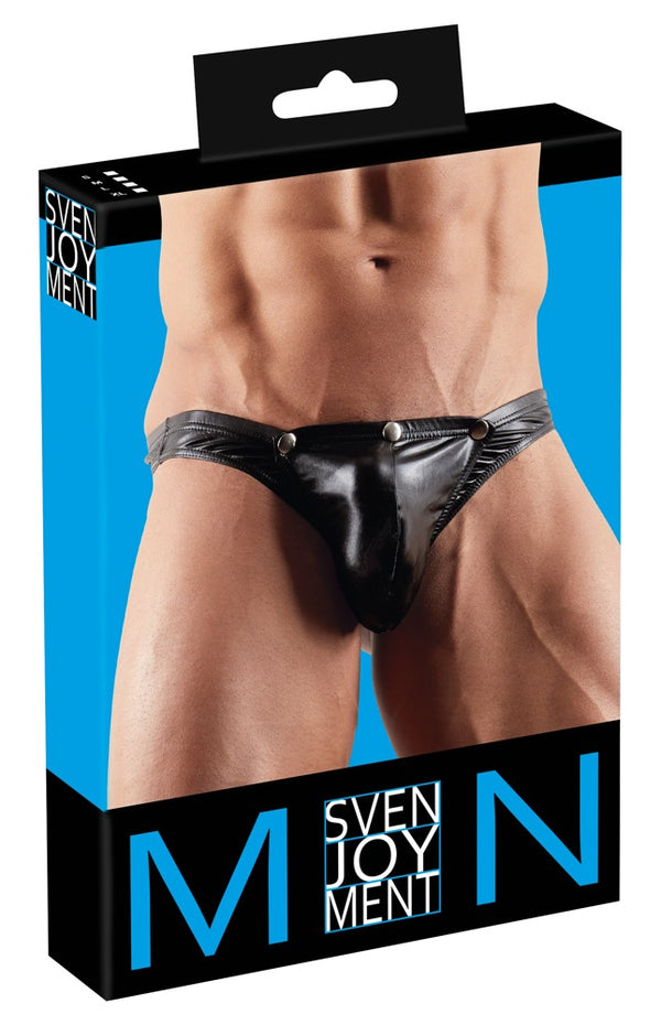 Schwarzer Herren-String mit Swellfunktion und aufknöpfbarem Beutel von Svenjoyment
