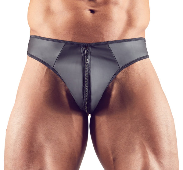 Schwarzer Herren-String in Neopren-Optik mit strassbesetztem Reißverschluss von Svenjoyment – Ansicht 2