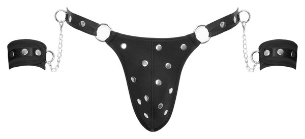 Schwarzer erotischer Mattlook Riostring mit abnehmbaren Handfesseln von Svenjoyment – Ansicht 7