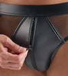 Schwarzer knackiger Herren-Slip im Wetlook mit Netzeinsätzen von Svenjoyment – Ansicht 6