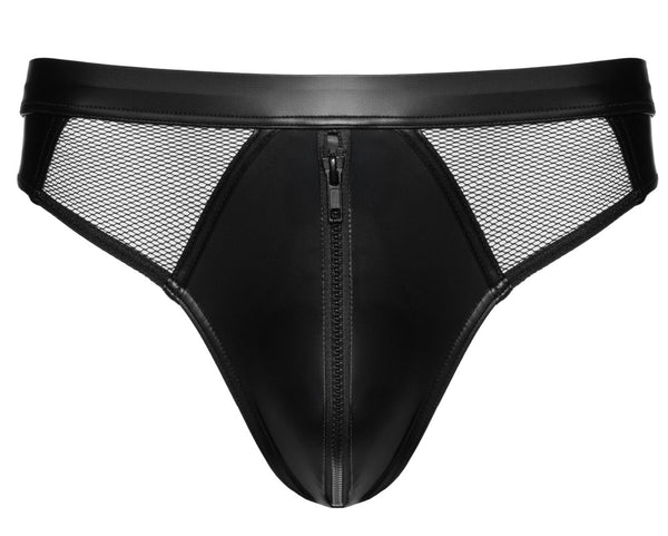 Schwarzer knackiger Herren-Slip im Wetlook mit Netzeinsätzen von Svenjoyment – Ansicht 7