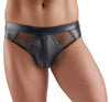Schwarzer knackiger Herren-Slip im Wetlook mit Netzeinsätzen von Svenjoyment – Ansicht 2
