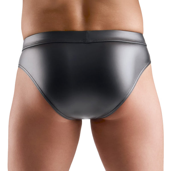 Schwarzer knackiger Herren-Slip im Wetlook mit Netzeinsätzen von Svenjoyment – Ansicht 5