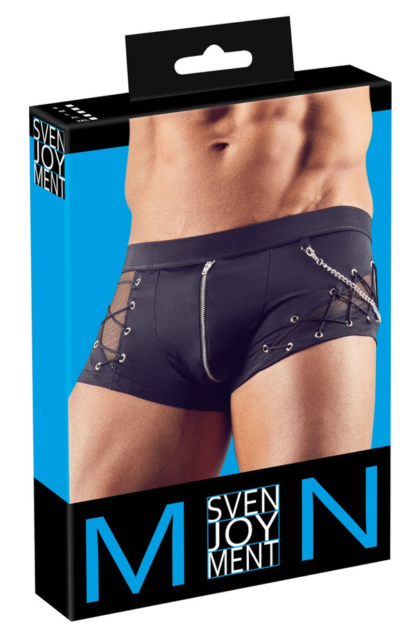 Schwarze Herren-Pants im Materialmix mit Zierkette und Reißverschluss von Svenjoyment