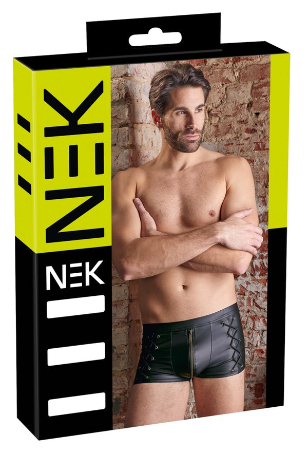 Schwarze Herren-Pants im Mattlook mit Messing-Reißverschluss und Schnürungen von NEK