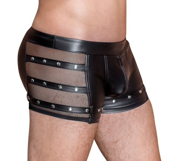Schwarze Herren-Pants im Mattlook mit Netz-Einsätzen und nietenverzierten Riemen von NEK – Ansicht 4