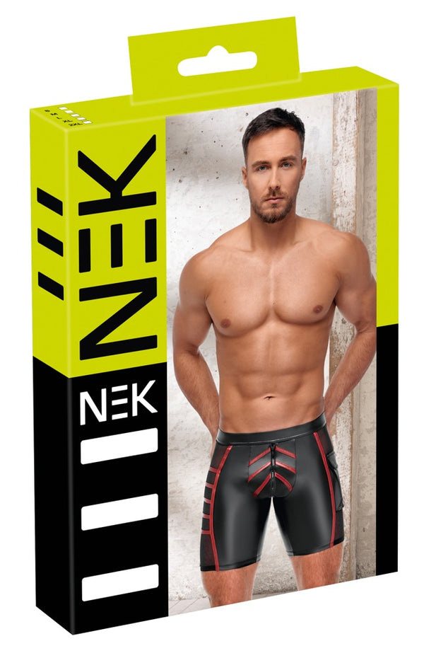 Schwarze enge Herren-Shorts im Mattlook mit roten Streifen, Feinnetz und Klappentasche von NEK