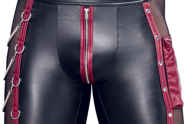 Schwarze enge Herren-Pants im Mattlook mit roten Streifen und Silber-Details von NEK – Ansicht 6