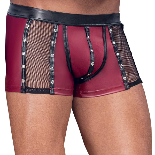Rote enge Herren-Pants im Mattlook mit schwarzen Details, Netz und Nieten von NEK – Ansicht 2