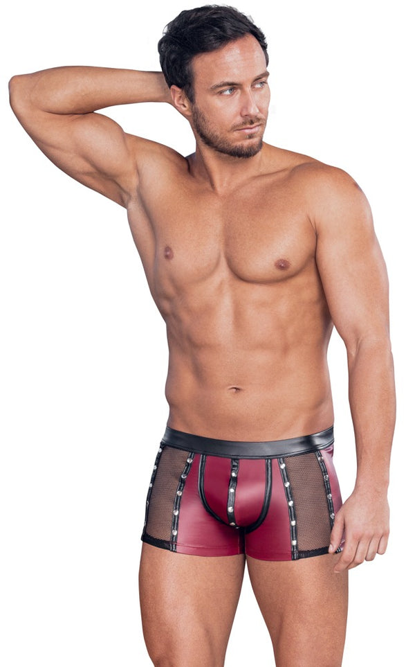 Rote enge Herren-Pants im Mattlook mit schwarzen Details, Netz und Nieten von NEK – Ansicht 3