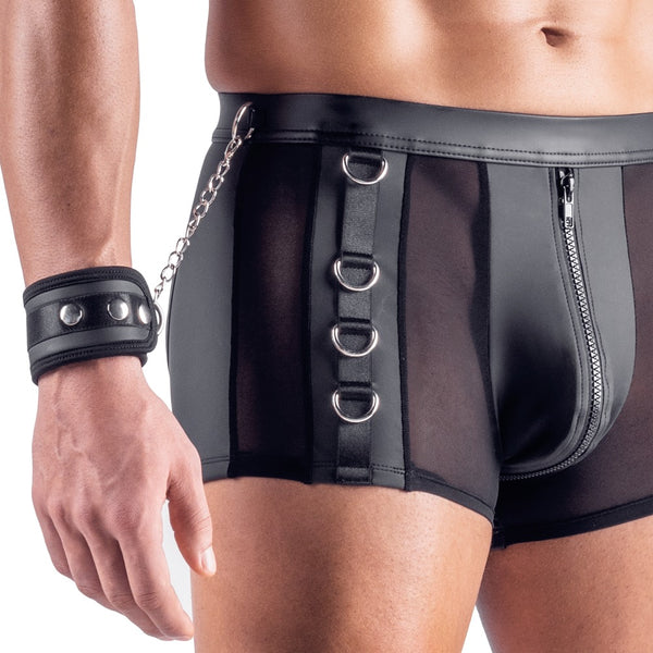 Schwarze pofreie Herren-Pants mit Soft-Handfesseln im Netz-Mix von Svenjoyment Bondage – Ansicht 7