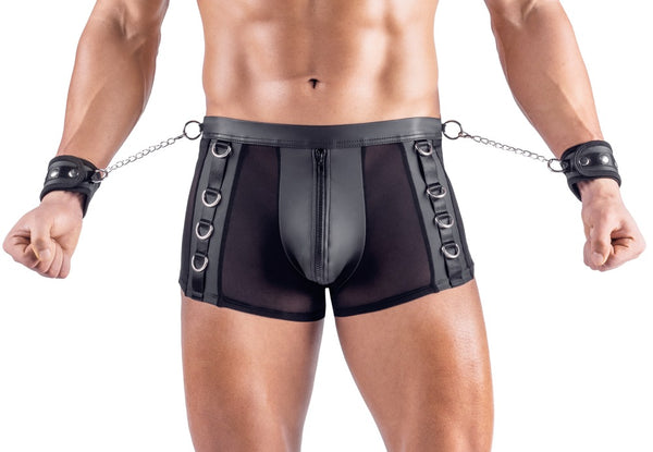Schwarze pofreie Herren-Pants mit Soft-Handfesseln im Netz-Mix von Svenjoyment Bondage – Ansicht 3