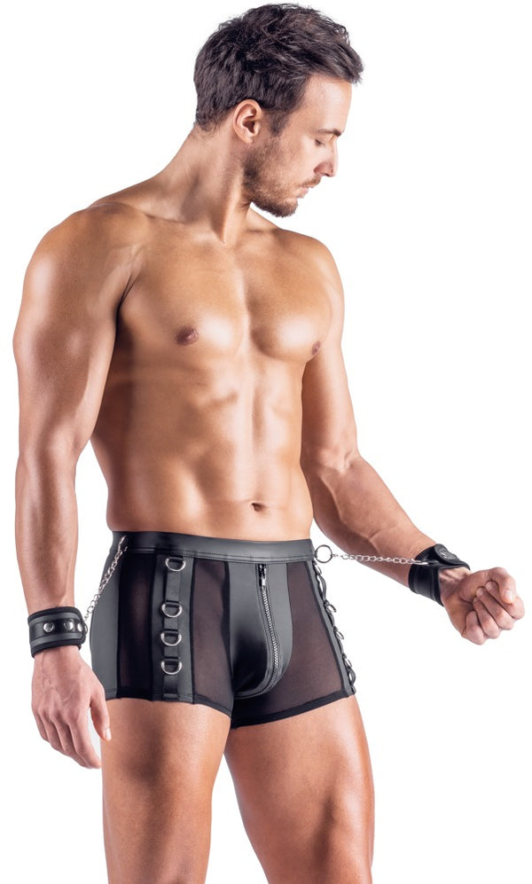Schwarze pofreie Herren-Pants mit Soft-Handfesseln im Netz-Mix von Svenjoyment Bondage – Ansicht 4