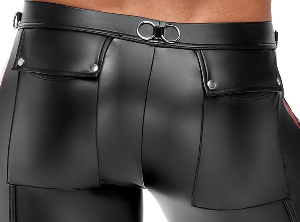 Schwarze enge Herren-Hose im Mattlook mit roten Kontrasten, Nieten und Netz von NEK – Ansicht 7