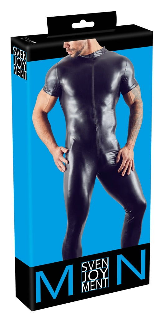 Schwarzer hochelastischer Herren-Wetlook-Overall mit 3-Wege-Reißverschluss von Svenjoyment
