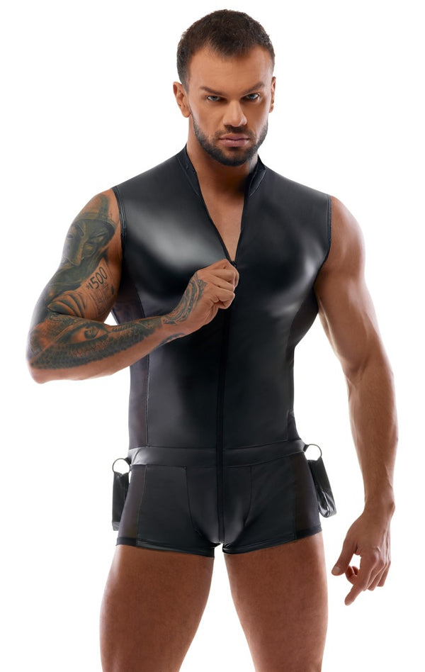Schwarzer ärmelloser Herren-Overall mit 2 Handfesseln von Svenjoyment BONDAGE – Ansicht 3