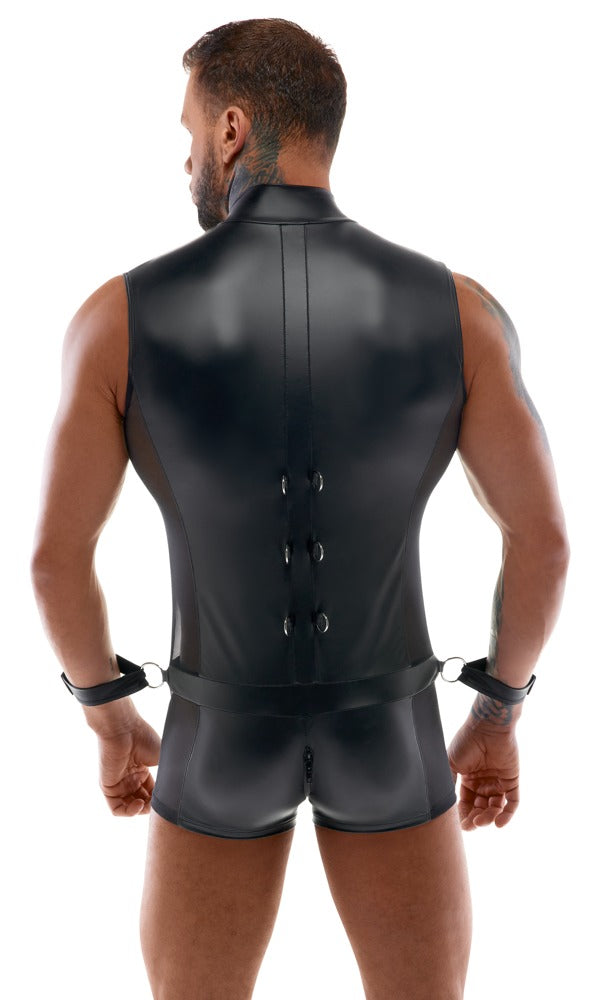 Schwarzer ärmelloser Herren-Overall mit 2 Handfesseln von Svenjoyment BONDAGE – Ansicht 5