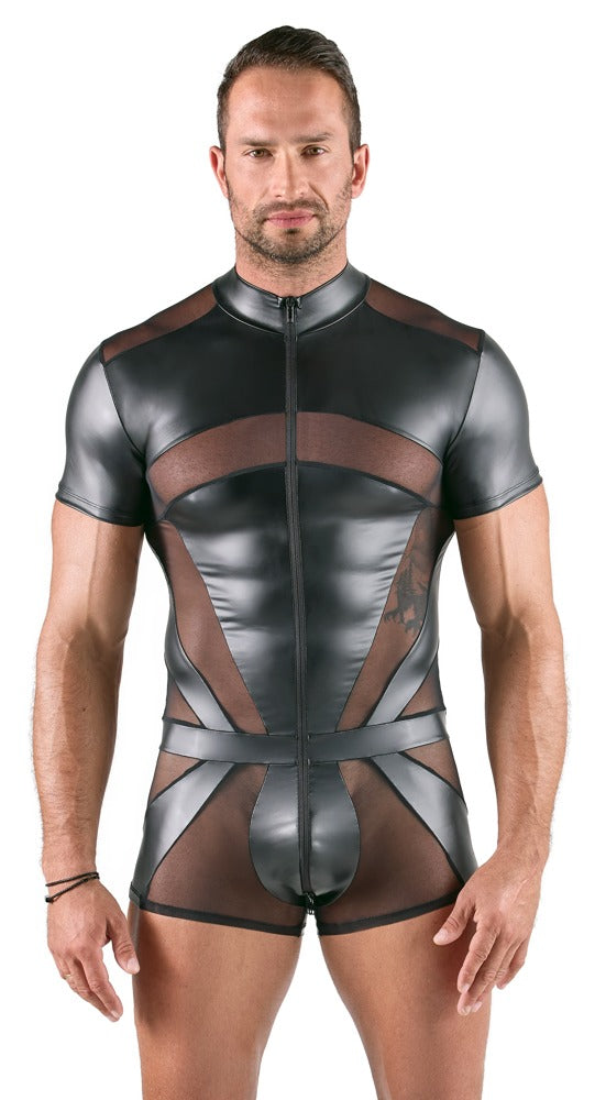 Schwarzer körperbetonender Herren-Kurzoverall mit langem Zip von Svenjoyment – Ansicht 2