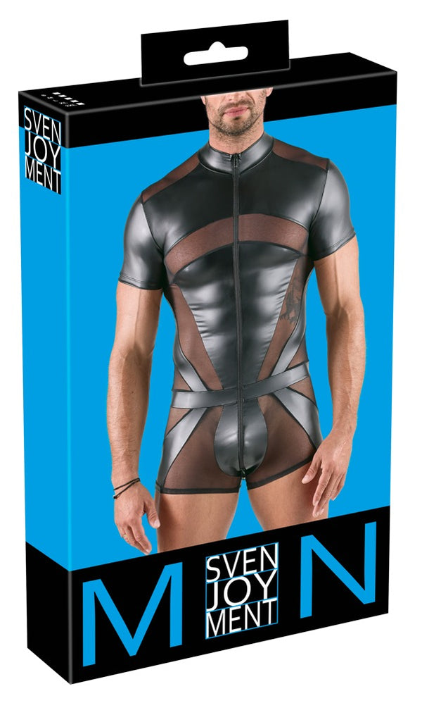 Schwarzer körperbetonender Herren-Kurzoverall mit langem Zip von Svenjoyment