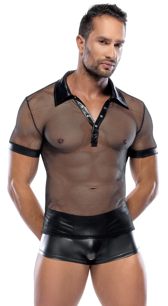 Schwarzes maskulines Herren-Hemd mit Polokragen und Druckknopfleiste von Svenjoyment – Ansicht 3