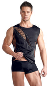 Schwarzes Herren-Shirt im Materialmix aus blickdicht und Fischnetz von Svenjoyment – Ansicht 3