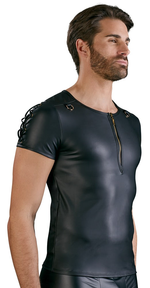 Schwarzes Herren-Shirt im Mattlook mit D-Ringen und Schnürungen von NEK – Ansicht 3