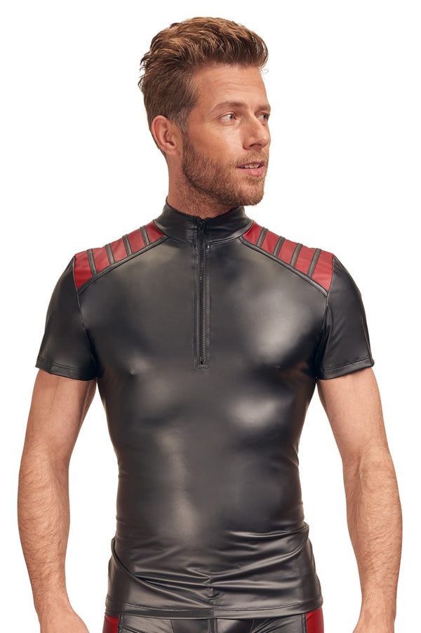 Schwarzes Herren-Shirt im Mattlook mit roten Schulter-Einsätzen und Stehkragen von NEK – Ansicht 2