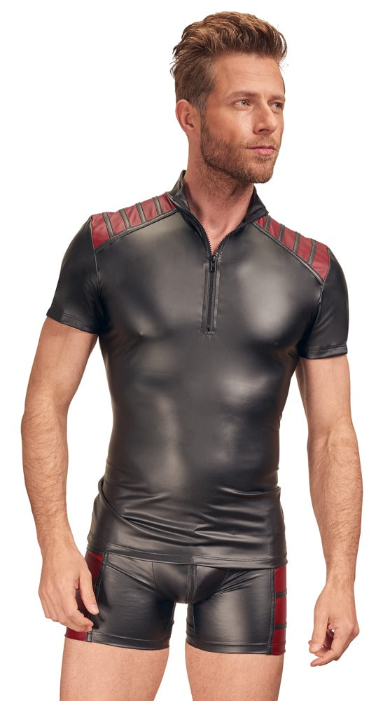 Schwarzes Herren-Shirt im Mattlook mit roten Schulter-Einsätzen und Stehkragen von NEK – Ansicht 4