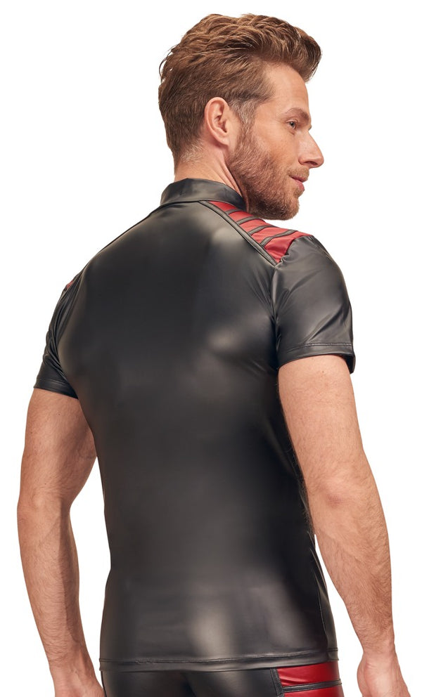 Schwarzes Herren-Shirt im Mattlook mit roten Schulter-Einsätzen und Stehkragen von NEK – Ansicht 7