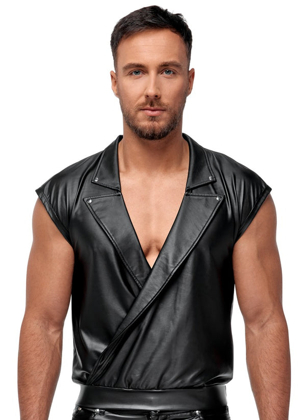 Schwarzes lässiges Herren-Shirt im Mattlook mit nietenbesetztem Reverskragen von NEK – Ansicht 2