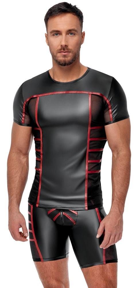 Schwarzes enges Herren-Kurzarm-Shirt im Mattlook mit roten Streifen und Feinnetz von NEK – Ansicht 5