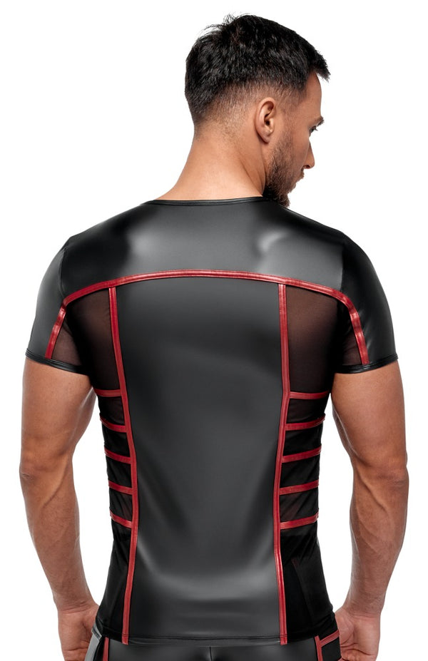 Schwarzes enges Herren-Kurzarm-Shirt im Mattlook mit roten Streifen und Feinnetz von NEK – Ansicht 6