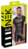 Schwarzes enges Herren-Kurzarm-Shirt im Mattlook mit roten Streifen und Feinnetz von NEK