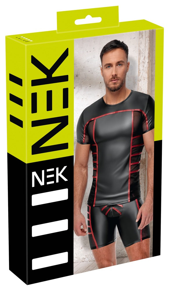 Schwarzes enges Herren-Kurzarm-Shirt im Mattlook mit roten Streifen und Feinnetz von NEK