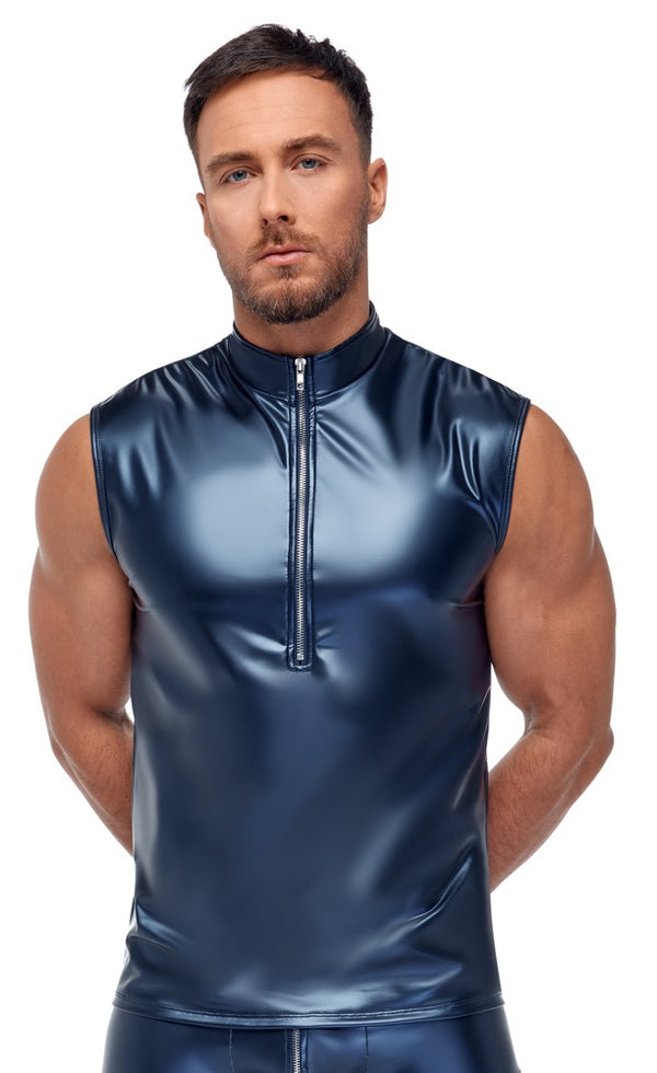 Blaues ärmelloses Herren-Shirt im Metallic-Mattlook mit Stehkragen und Reißverschluss von NEK – Ansicht 2