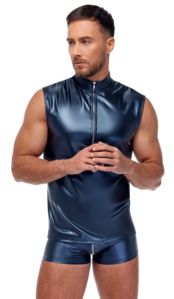 Blaues ärmelloses Herren-Shirt im Metallic-Mattlook mit Stehkragen und Reißverschluss von NEK – Ansicht 3