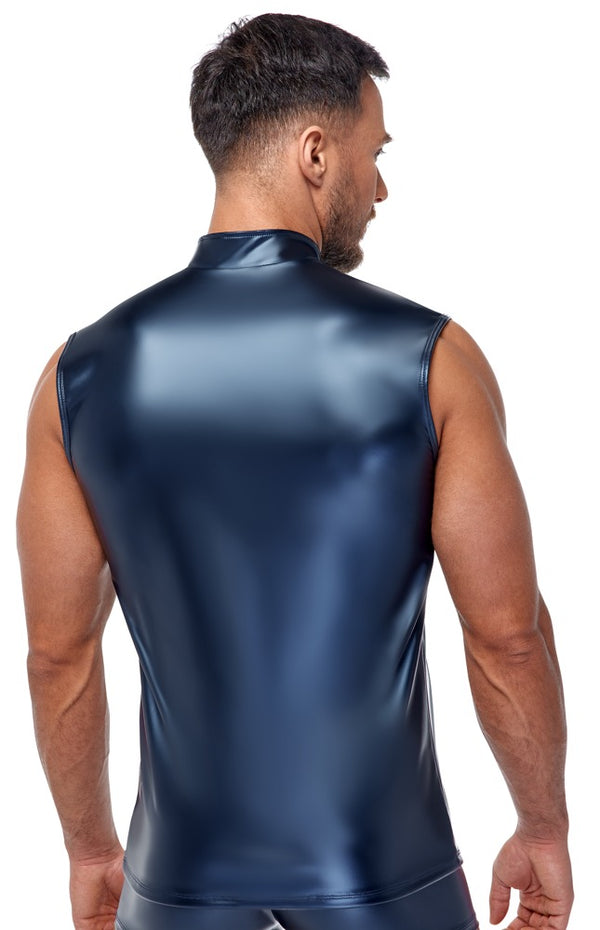 Blaues ärmelloses Herren-Shirt im Metallic-Mattlook mit Stehkragen und Reißverschluss von NEK – Ansicht 5