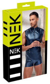 Blaues ärmelloses Herren-Shirt im Metallic-Mattlook mit Stehkragen und Reißverschluss von NEK