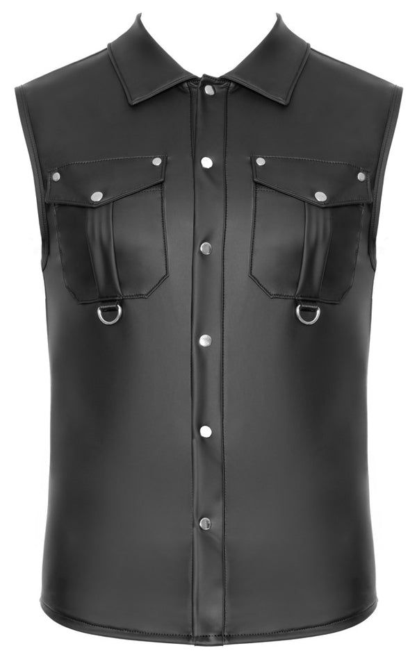 Schwarzes ärmelloses Herren-Shirt im Mattlook mit Druckknopfleiste von NEK – Ansicht 8