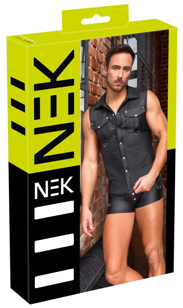Schwarzes ärmelloses Herren-Shirt im Mattlook mit Druckknopfleiste von NEK