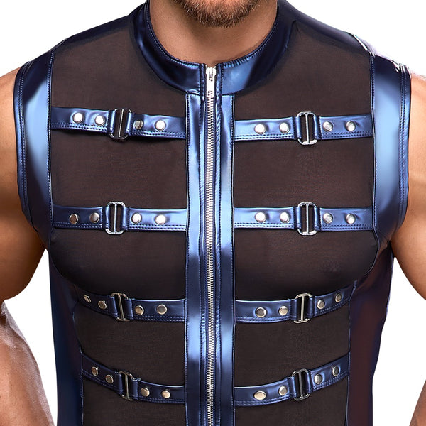 Blaues ärmelloses Herren-Shirt im Metallic-Mattlook mit nietenbesetzten Riemen von NEK – Ansicht 7