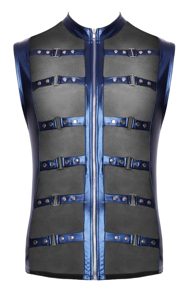 Blaues ärmelloses Herren-Shirt im Metallic-Mattlook mit nietenbesetzten Riemen von NEK – Ansicht 8