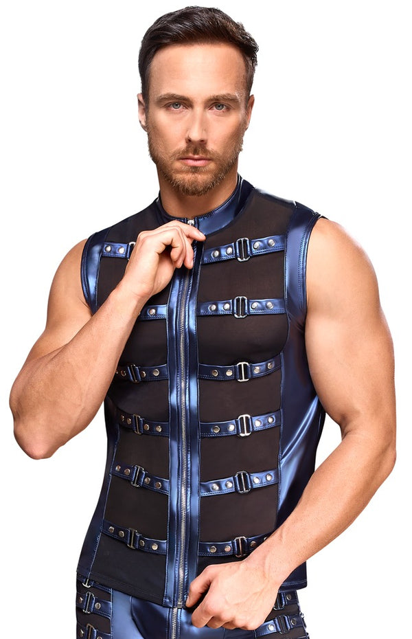 Blaues ärmelloses Herren-Shirt im Metallic-Mattlook mit nietenbesetzten Riemen von NEK – Ansicht 3