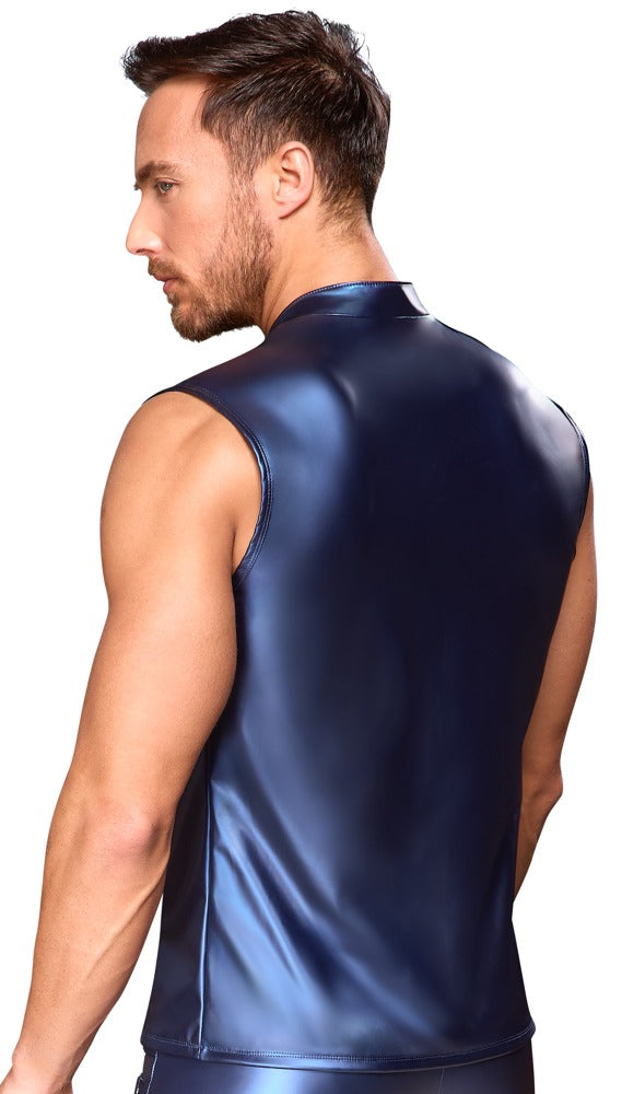 Blaues ärmelloses Herren-Shirt im Metallic-Mattlook mit nietenbesetzten Riemen von NEK – Ansicht 6