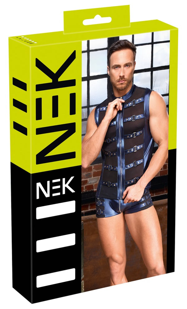 Blaues ärmelloses Herren-Shirt im Metallic-Mattlook mit nietenbesetzten Riemen von NEK
