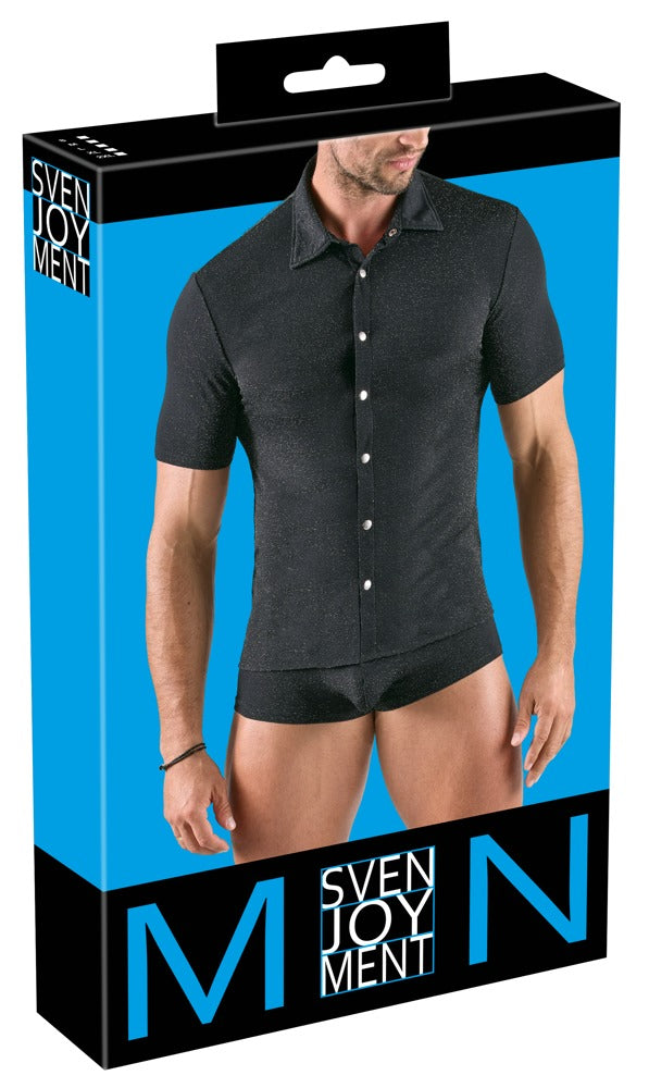 Enges Herren-Kurzarm-Hemd im silber-schillernden Lurex-Look von Svenjoyment