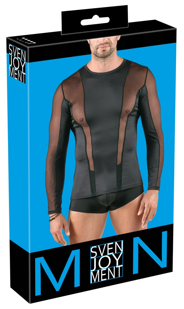 Schwarzes körperbetonendes Herren-Langarm-Shirt im Mesh-Mix von Svenjoyment