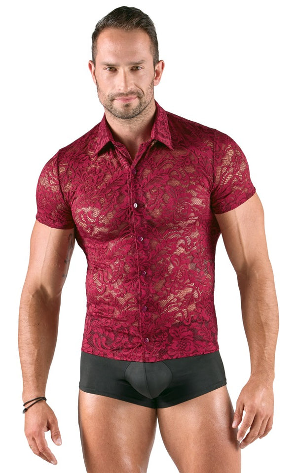 Rotes Herren-Kurzarm-Hemd aus floraler Spitze von Svenjoyment – Ansicht 3