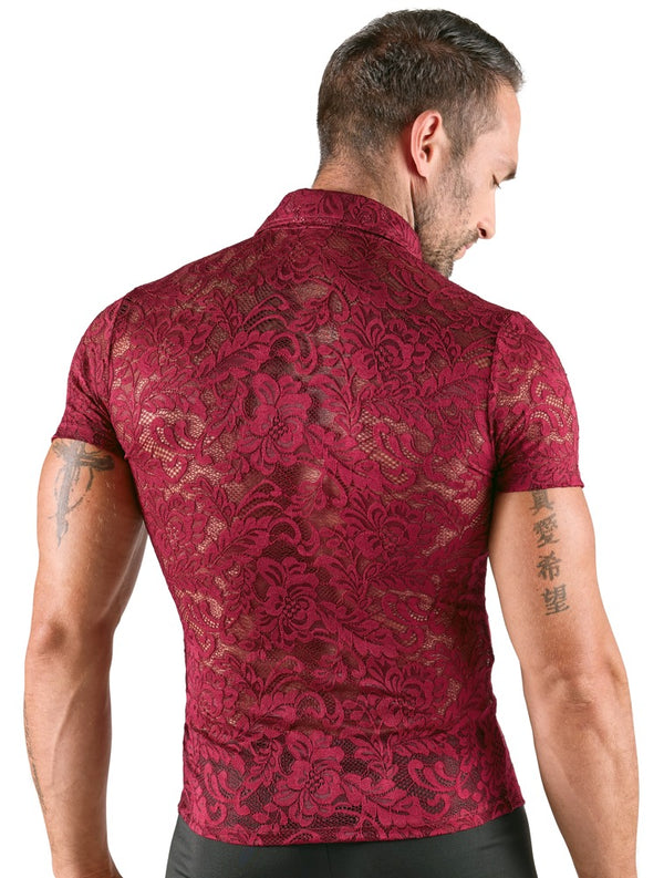 Rotes Herren-Kurzarm-Hemd aus floraler Spitze von Svenjoyment – Ansicht 4